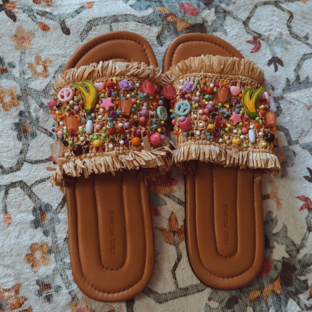 Free People Multicolor Beaded Fringe Slides